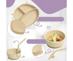 Kūdikių maitinimo rinkinys Lėkštė, puodelis, indai, seilinukas, silikoninis QV