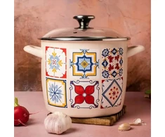Metalac Aukštas emaliuotas puodas su stikliniu dangteliu, 20 cm 5,1L, kreminis, Port