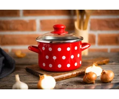 Metalac Emaliuotas puodas su stikliniu dangteliu, 14 cm 1,5l, raudonas, Taškeliai ant raudono
