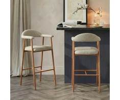 Minkšta šviesiai smėlio spalvos Loft baro kėdė, plieno rėmas, ąžuolo spalva