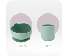 MoMi AMI kūdikio maitinimo indų rinkinys žalias - silikoninis medinis seilinukas