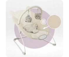 MoMi GLOSSY smėlio spalvos kūdikių bouncer - melodijos, vibracijos, žaislai