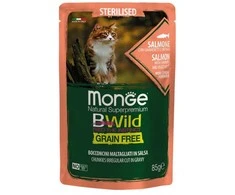 Monge BWild kons.pašaras sterilizuotoms katėms su lašiša, krevetėmis ir daržovėmis padaže 85g