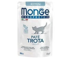 Monge Monoprotein Kitten begrūdis konservuotas pašaras jaunoms katėms su upėtakiu 85g