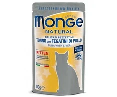 Monge Natural konservuotas pašaras kačiukams su skaniais tuno kąsneliais ir vištienos kepenėlėmis, virtais garuose 80g