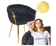 Monovo Minkšta kėdė, pinta aksomu, glamūrinis stilius, juodos auksinės kojos, ROSA