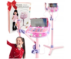 Music Express KARAOKĖS RINKINYS VAIKAMS MIKROFONUI + REGULIUOJAMAS STOVAS MP3 EFEKTAI GARSAI