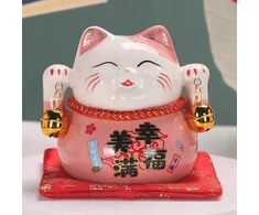 Myhomelife Skarbonka szczęścia porcelanowa Maneki Neko na poduszce 9,5cm rožinė