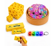 Okami Rinkinys 4in1 Squishy squishy koldūnų kukuliai GLITTER BUTTER CHEESE CLICKER LED