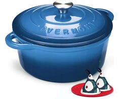 OVERMONT Emaliuotas ketaus kepimo puodas, 24 cm, mėlynas, su dangčiu
