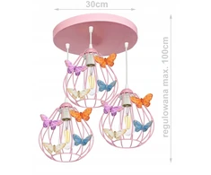 Pakabinamas lubinis šviestuvas, šviestuvas mergaitei, BUTTERFLY, 3 rožinės spalvos LED lempos