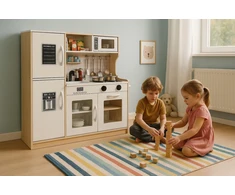 Picollo Medinė virtuvė vaikams, didelė viryklė + puodai, priedai, LED šviestuvas