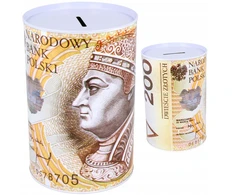 PIGGY BANK METALINĖS CIN NOMINĖS MONETOS PINIGŲ BANKNOTAS 200 M PLN