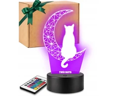 Plexido Lampka Nocna LED 3D Kot na Księżycu Grawer Imię