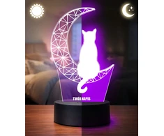 Plexido Lampka Nocna LED 3D Kot na Księżycu Grawer Imię
