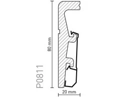 Polistireno grindjuostė VEGA P0811, baltos sp., 80 mm aukščio, 20 mm pločio, 2,4 m ilgio