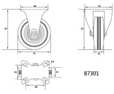 Ratukas VOREL D-75mm, 40kg, Guminis, Juodas