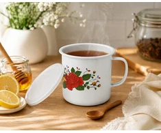 Retro emaliuotas puodas, puodelis su dangteliu, pieno arbatinukas, 0,5l