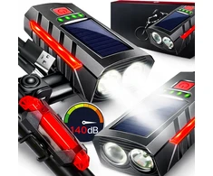 Saulės dviračio žibintas priekinis galinis 800 lm garsinis 140 dB USB maitinimo blokas