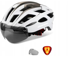 Shinmax HT-19 dviračio šalmas, M/L, balta, juoda, galinis žibintas, objektyvas, magnetas