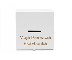 Sovenir Drewniana skarbonka su Grawerem dla dziecka na Chrzest Roczek Urodzinki