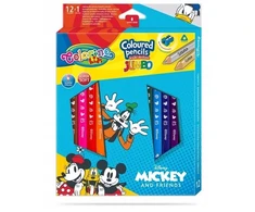 Spalvoti pieštukai COLORINO Disney "Peliukas Mikis" JUMBO, tribriauniai, su drožtuku, 12 spalvų