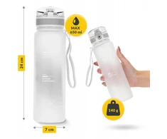Sportinis bidonas 4fizjo 650 ml, Tritan, su matuokle, pilkas