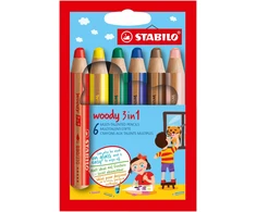 Stabilo Woody 3w1 kreidelės: pieštukas, akvarelinis, vaškas (6 spalvos)