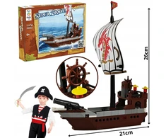 Statybiniai blokai Piratų laivas su patranka, bure, vairu, inkaru, dovana