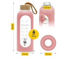 Stiklinė gertuvė 4FIZJO 750 ml, rožinė, vandens butelis, sportinė gertuvė, su dėklu, treniruotėms, kasdieniam naudojimui