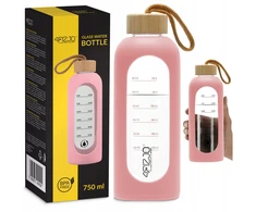 Stiklinė gertuvė 4FIZJO 750 ml, rožinė, vandens butelis, sportinė gertuvė, su dėklu, treniruotėms, kasdieniam naudojimui