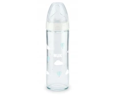 Stiklinis buteliukas su silikono žinduku NUK First Choice + New Classic, 240 ml, 0-6 mėn.