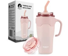 Termosinis puodelis su šiaudeliu, 650 ml, rožinis