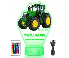 Upominki_Pl Lampka Nocna 3D LED su Imieniem Traktor Ciągnik John Deere Chłopca Urodziny