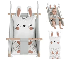 Vaikiškos supynės 3in1 Tulano Hop 45 Rabbit – medinės ir audinio supynės su triušio ausytėmis