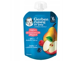 Vaisių putėsių desertas vaikams Obuolys Kriaušės Avietės Mėlynės 6 m+ 80g Gerber