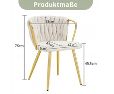 Veliūrinė kėdė su pintu atlošu, auksinės kreminės spalvos kojomis