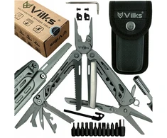 VILKS MULTITOOL daugiafunkcinis išgyvenimo rinkinys FIRST STAINLESS Steel Case BITS