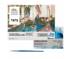 Winsor &amp; Newton Cotman rinkinys: 12 akvarelės, teptukas, blokas