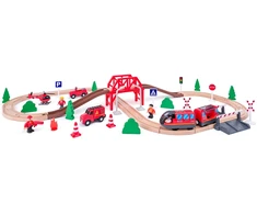 Woody Train su elektrine mašina, ugniagesiai, 60 dalių