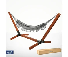 XL komplektas medinis hamako rėmas, impregnuotas 220kg + Boho hamakas pilkas