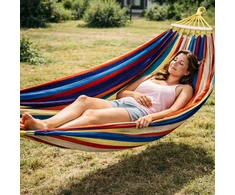 XXL dvivietis sodo hamakas 250x155 cm su pagalve, spalvingas, 200kg + virves