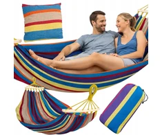 XXL dvivietis sodo hamakas 250x155 cm su pagalve, spalvingas, 200kg + virves