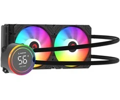 Rampage HELIOS C15 skysčiu aušinamas procesoriaus 12 cm aušintuvas su temperatūros rodmeniu. ARGB 240 mm. Intel LGA1700 / AMD AM5