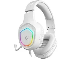 Rampage RM-K90 VECTOR baltos RGB LED žaidimų ausinės su mikrofonu ir garso reguliavimu ant ausinių. lankstus mikrofonas