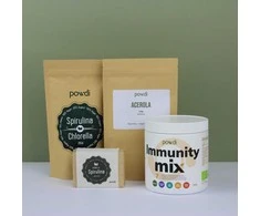 Powdi Rinkinys NENUGALIMAS IMUNITETAS – 150 g Spirulina+Chlorella MIX tablečių, 300g Immunity kokteilis (milteliai), 100 g Acerola, rankų darbo muilas su spirulina dovanų