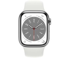 Išmanusis laikrodis „Apple Watch 8 GPS + Cellular“ 41 mm nerūdijančio plieno sportinis dirželis, sidabrinis/baltas (MNJ53EL/A)