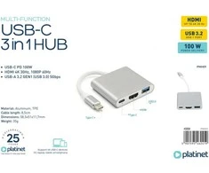 Platinet USB šakotuvas PLATINET medijos šakotuvas USB-C 3.2 GEN1 5GB/S 3IN1 HDMI 4K USB-A 3.2 USB-C PD 100W aliuminio [46241]