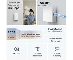 Maršrutizatorius TP-LINK BE3600 dviejų dažnių „Wi-Fi 7“ diapazono ilgintuvas | RE220BE | 802.11ax | 1000 Mbit/s | Ethernet LAN (RJ-45) jungtys: 1 | MU-MiMO: Ne | ne PoE | Antenos tipas: 2 išorinės