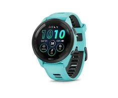 Išmanusis laikrodis Garmin Forerunner 265. Juodas apvadas su žalsvai mėlynos spalvos korpusu ir žalsvai mėlynos ir juodos spalvos silikoniniu dirželiu